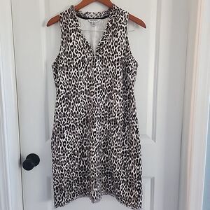 Tommy Bahama Cats Meow 100% Linen Shift Dress Size S Animal Print  V Neck Fringe